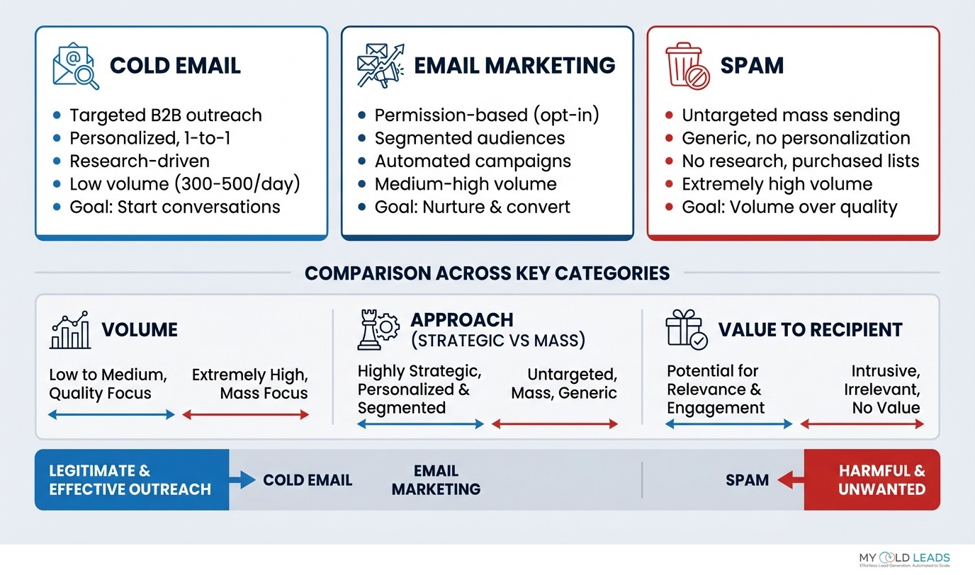 Comparison of cold email, email marketing, and spam - showing key differences in targeting, personalization, volume, consent, and value