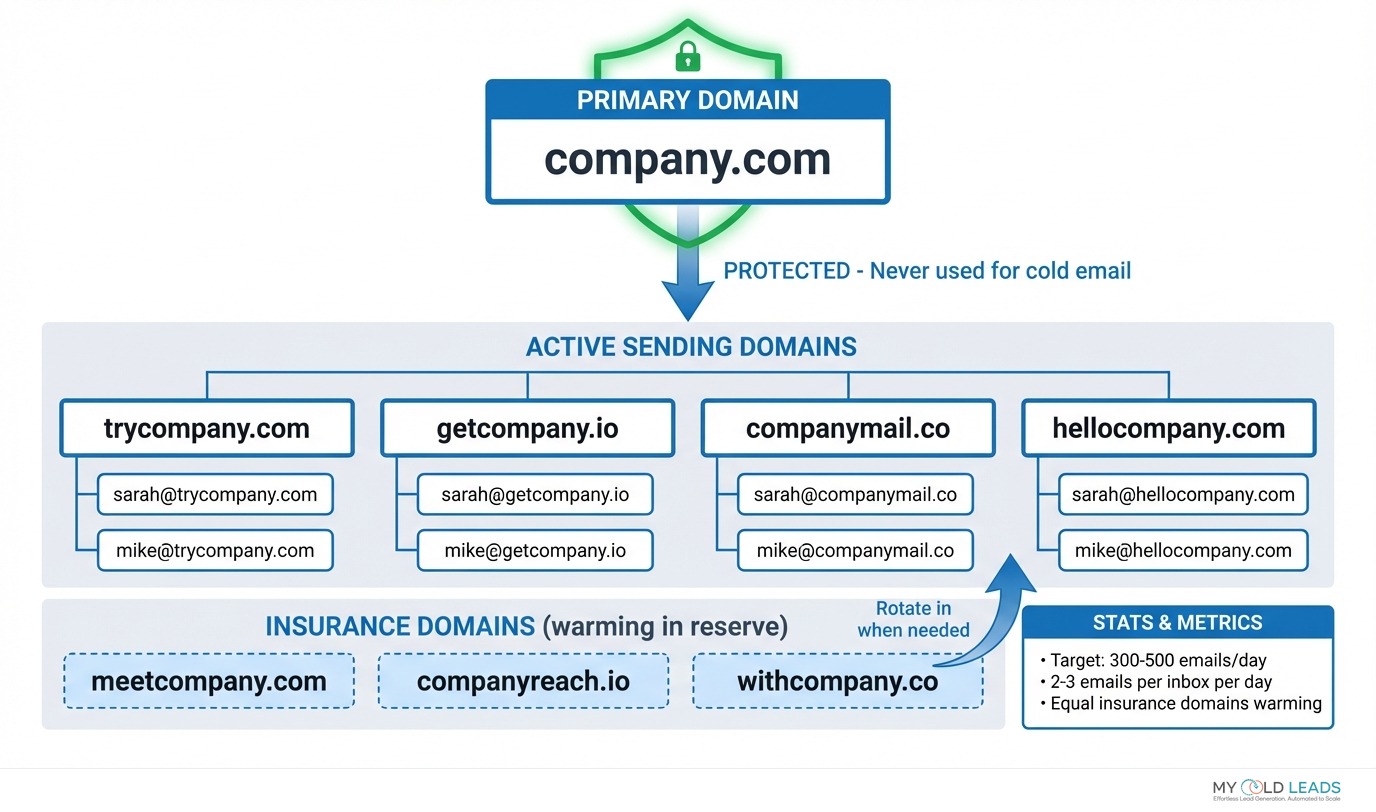 Cold email domain infrastructure - primary domain protected, secondary domains for sending, insurance domains warming in reserve