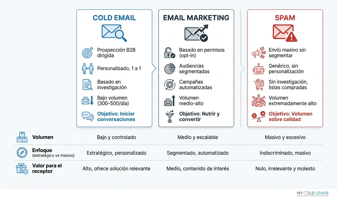 Comparativa de cold email, email marketing y spam - diferencias clave en segmentación, personalización, volumen, consentimiento y valor