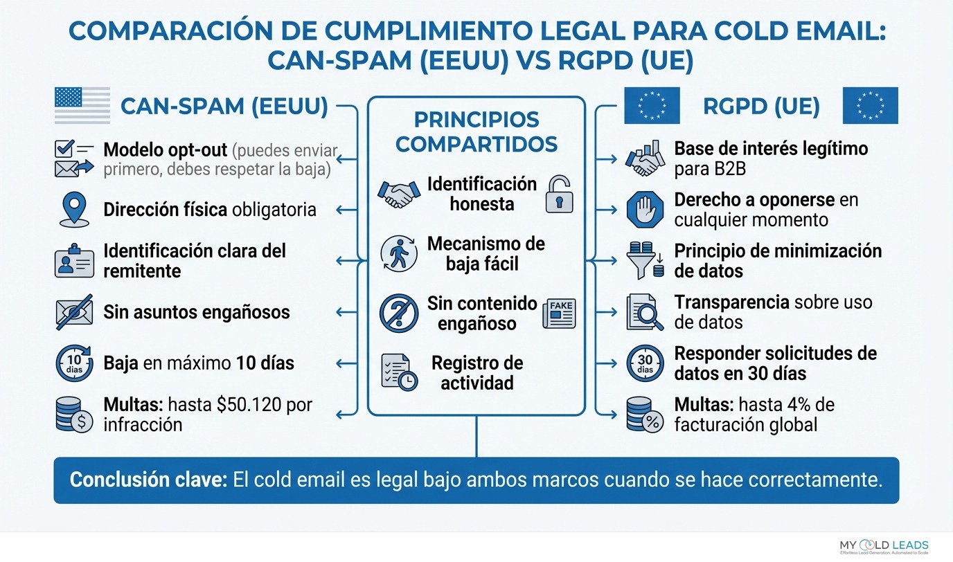 Requisitos de cumplimiento CAN-SPAM vs GDPR para cold email - comparación lado a lado con principios compartidos