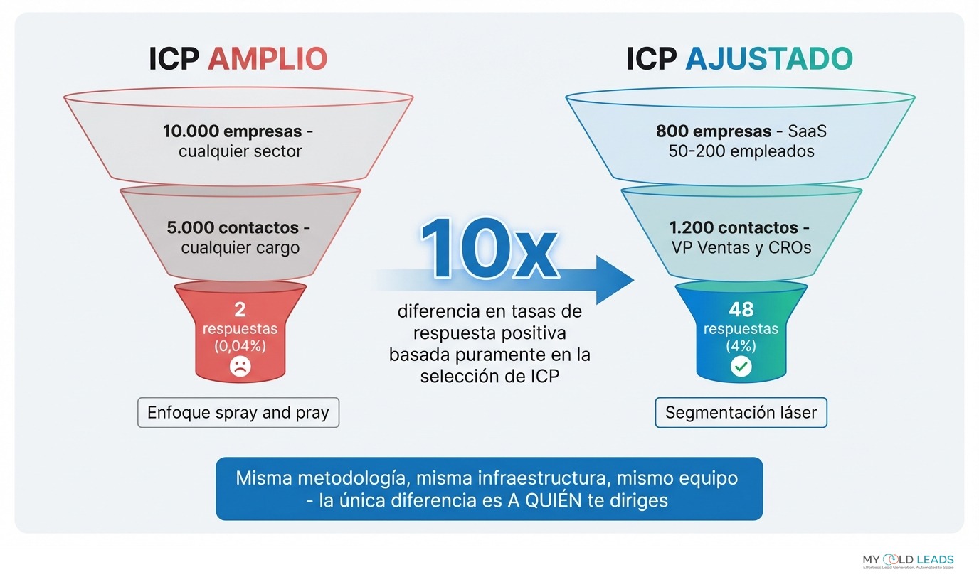 ICP amplio vs ICP ajustado - diferencia de 10-50x en tasas de respuesta según sector y precisión de segmentación